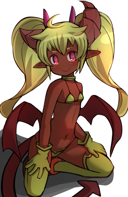 1girl :&gt; ahoge asymmetrical_horns bangs bare_arms bare_shoulders big_hair bikini blonde_hair blush breasts brown_footwear brown_horns brown_tail brown_wings cleavage closed_mouth collarbone commentary_request dark_skin demon_girl demon_horns demon_tail demon_wings eyebrows_visible_through_hair garoudo_(kadouhan'i) gloves groin head_tilt horns kneeling long_hair looking_at_viewer multiple_horns navel original petite pink_eyes pink_horns pointy_ears shiny shiny_hair simple_background small_breasts smile solo string_bikini succubus swimsuit tail thigh-highs twintails very_long_hair wavy_hair white_background wings yellow_bikini yellow_gloves yellow_legwear