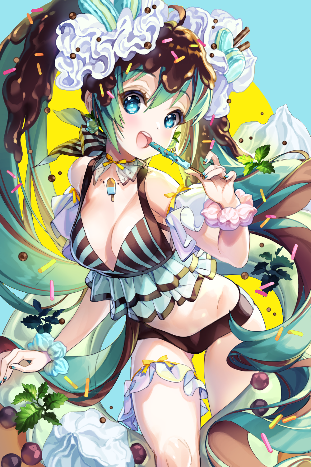 1girl ahoge aqua_eyes aqua_hair bikini breasts cherrypin chocolate cleavage food hatsune_miku highres leaning_forward long_hair looking_at_viewer macaron medium_breasts mint nail_polish open_mouth solo sprinkles swimsuit twintails very_long_hair vocaloid