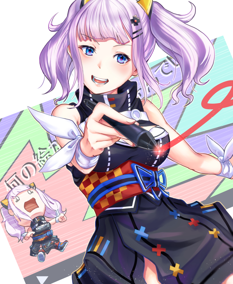 1girl :d aona_(kuuga19yuu) bangs bare_shoulders black_dress blue_eyes chibi cleavage_cutout dress hair_ornament kaguya_luna kaguya_luna_(character) obi open_mouth pointing purple_hair ribbon sash sleeveless sleeveless_dress smile solo stylus translated twintails virtual_youtuber wrist_ribbon x_hair_ornament