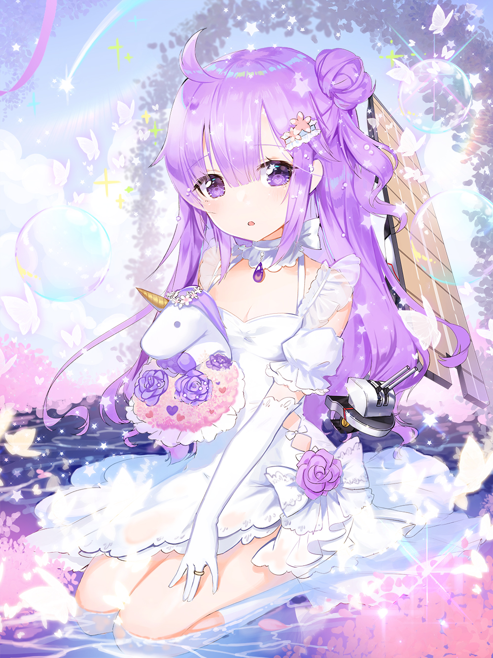1girl :o ahoge animal apple_caramel azur_lane bangs bell blue_sky blush bouquet bow breasts bug butterfly cannon cleavage commentary day detached_sleeves dress elbow_gloves eyebrows_visible_through_hair flight_deck flower gloves hair_between_eyes hair_bun head_tilt highres holding holding_bouquet insect jewelry jingle_bell kneehighs looking_at_viewer object_hug one_side_up outdoors parted_lips puffy_short_sleeves puffy_sleeves purple_flower purple_hair purple_rose ring rose see-through seiza short_sleeves side_bun sitting sky sleeveless sleeveless_dress small_breasts solo stuffed_animal stuffed_toy stuffed_unicorn turret unicorn_(azur_lane) violet_eyes water white_bow white_dress white_gloves white_legwear