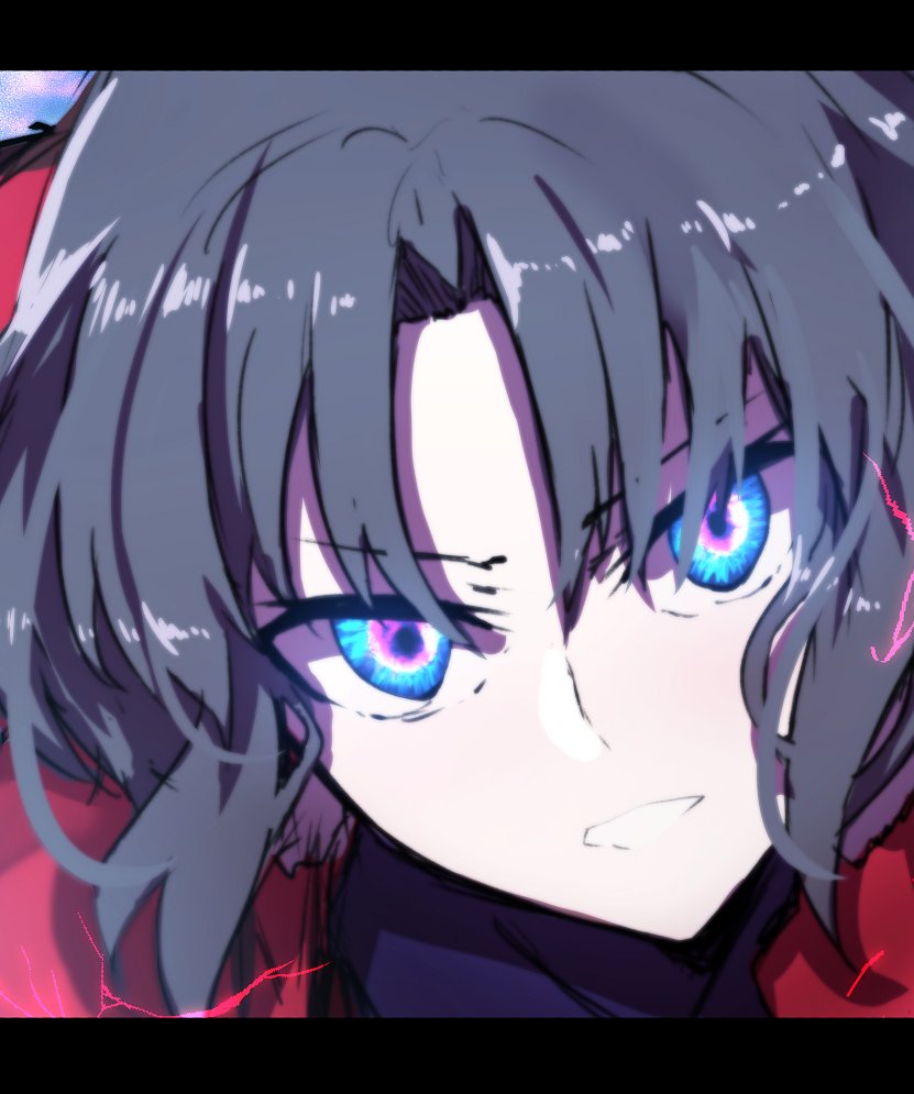 1girl bangs blue_eyes copyright_request eyebrows_visible_through_hair face forehead glowing glowing_eyes grey_hair hair_between_eyes jacket kara_no_kyoukai letterboxed long_hair multicolored multicolored_eyes parted_bangs purple_shirt red_jacket ryougi_shiki shirt solo v-shaped_eyebrows violet_eyes wada_kazu