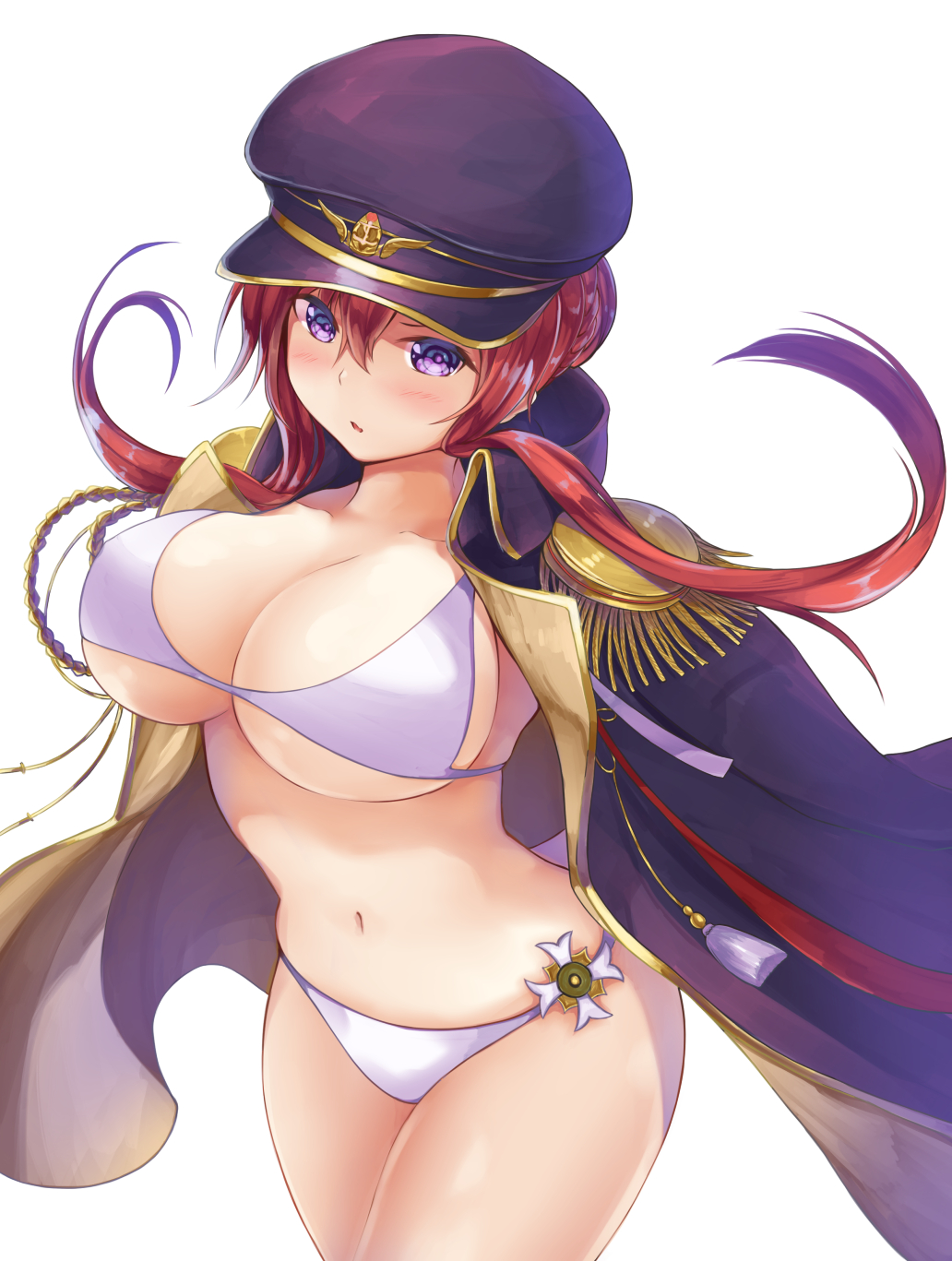 1girl azur_lane bangs bikini black_hat black_jacket blush breasts cleavage collarbone commentary_request epaulettes hair_between_eyes hat highres jacket jacket_on_shoulders large_breasts long_hair military_hat monarch_(azur_lane) navel parted_lips peaked_cap redhead sagaradai simple_background solo standing swimsuit violet_eyes white_background white_bikini