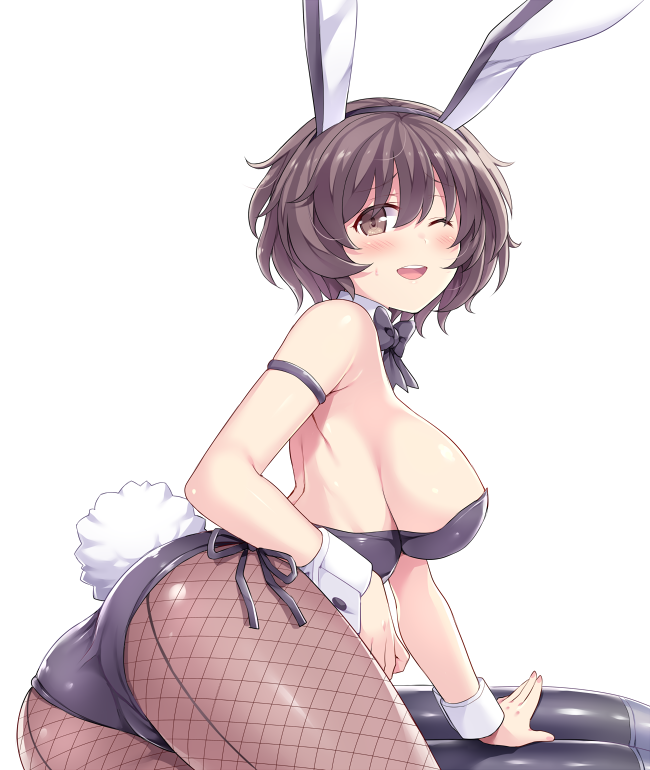 1girl akiyama_yukari animal_ears arm_support armlet ass bangs bent_over black_legwear black_leotard black_neckwear blush bow bowtie breasts brown_eyes brown_hair bunny_tail bunnysuit commentary detached_collar fake_animal_ears fake_tail fishnet_pantyhose fishnets from_behind girls_und_panzer hasu_(hk_works) leaning_forward leotard looking_at_viewer looking_back medium_breasts messy_hair one_eye_closed open_mouth pantyhose rabbit_ears short_hair sideboob smile solo standing strapless strapless_leotard tail thighs white_background white_collar wrist_cuffs