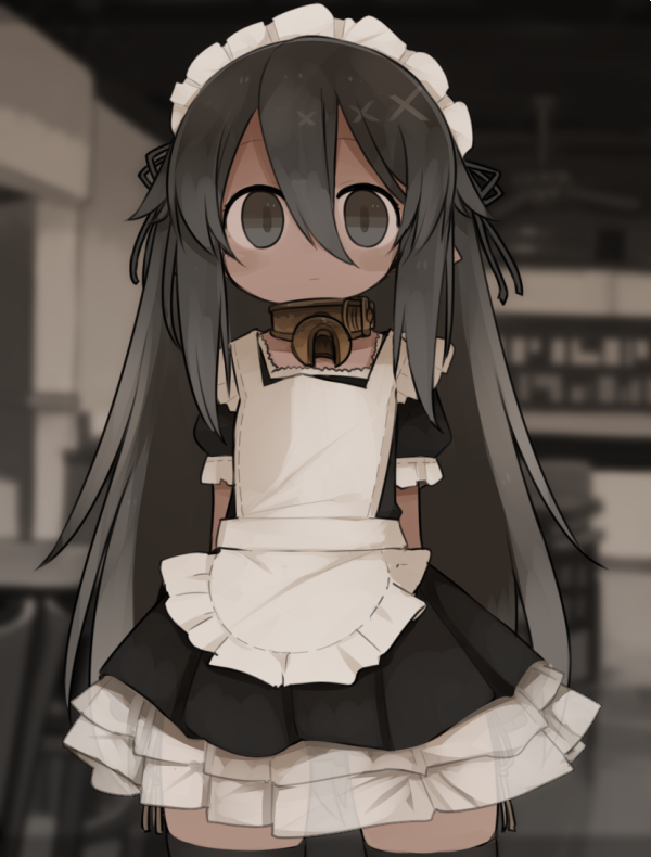 1girl apron arms_behind_back black_legwear cowboy_shot dress grey_eyes grey_hair hair_ornament indoors jewelry kisaragi_kaya long_hair maid maid_headdress necklace original panties pointy_ears short_sleeves side-tie_panties solo thigh-highs underwear x_hair_ornament yste