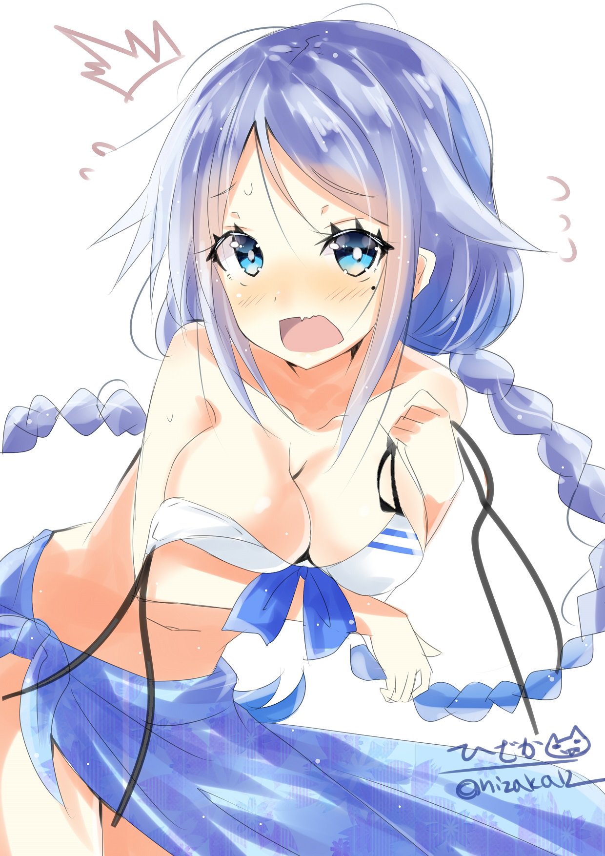 1girl bikini blue_hair blush breasts eyebrows_visible_through_hair highres hizaka kantai_collection large_breasts long_hair looking_at_viewer open_mouth simple_background solo sweat sweatdrop swimsuit twintails twitter_username umikaze_(kantai_collection) white_background white_bikini