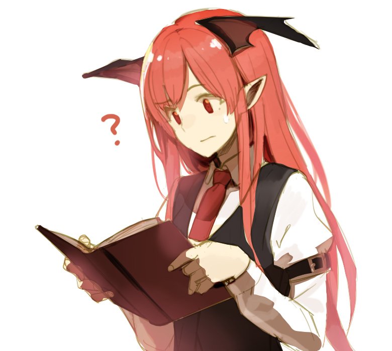 1girl bangs book closed_mouth eho_(icbm) eyebrows_visible_through_hair head_wings holding holding_book koakuma long_hair long_sleeves necktie pointy_ears reading red_eyes red_neckwear redhead sidelocks simple_background solo sweat touhou upper_body white_background