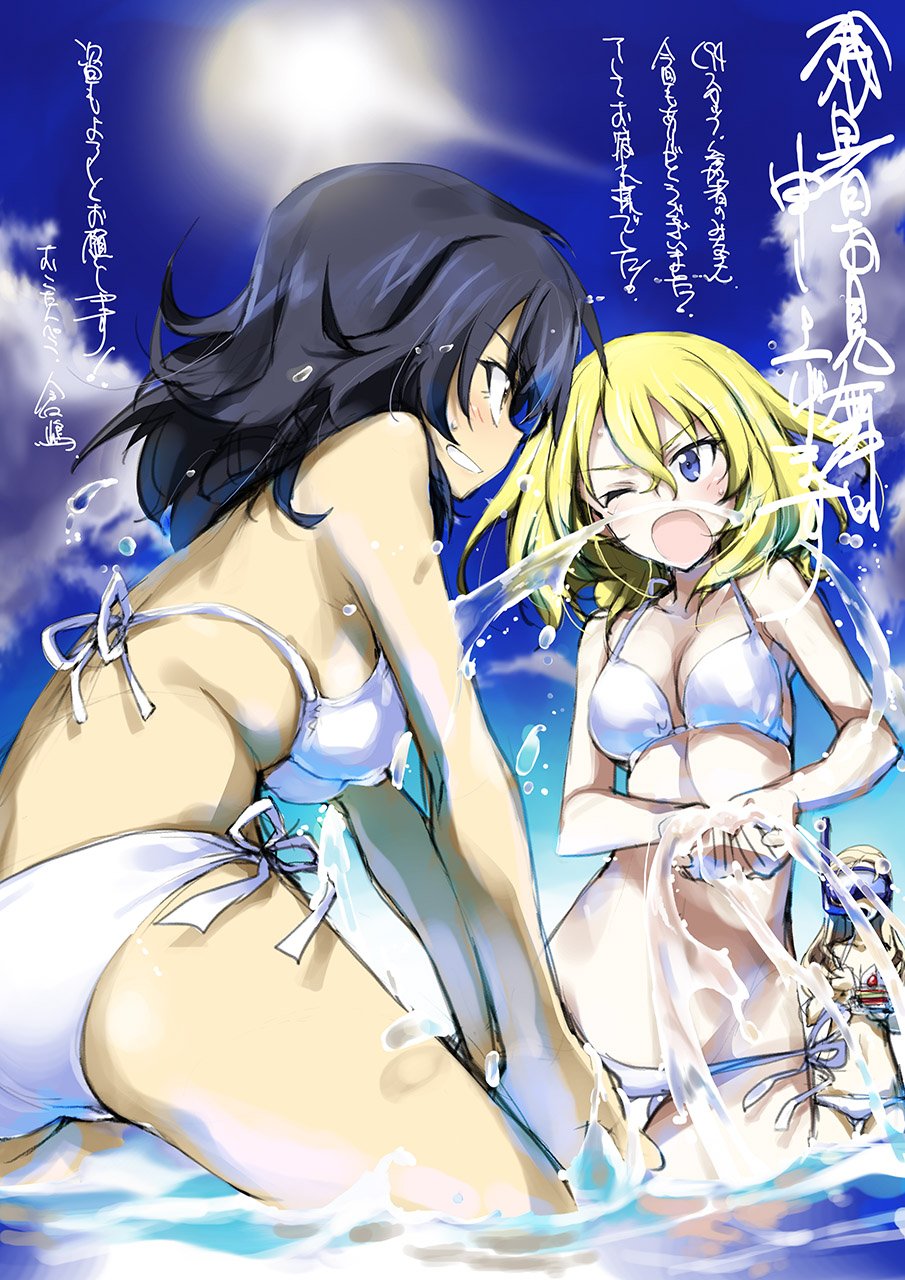 3girls andou_(girls_und_panzer) ass bangs bikini black_hair blonde_hair blue_eyes blue_sky breasts brown_eyes cake circle_name cleavage clouds cloudy_sky dark_skin day droplet eyebrows_visible_through_hair food frown girls_und_panzer gluteal_fold goggles grin highres holding kurashima_tomoyasu looking_at_another marie_(girls_und_panzer) medium_breasts medium_hair messy_hair multiple_girls ocean one_eye_closed open_mouth oshida_(girls_und_panzer) outdoors side-tie_bikini sky smile snorkel snorkel_in_mouth splashing standing sun swimsuit translation_request wading white_bikini