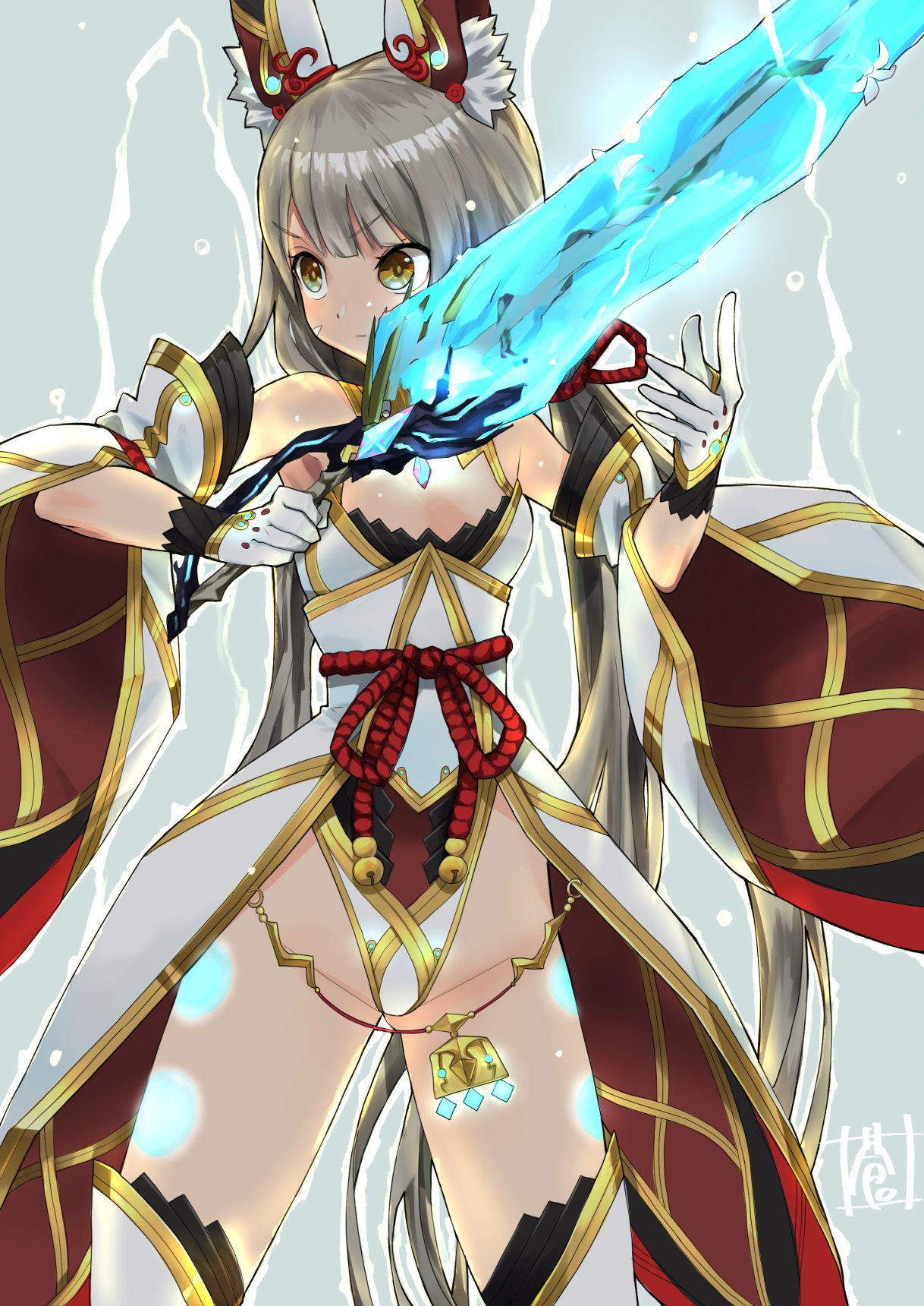 1girl animal_ears bangs blush breasts cat_ears eyebrows gloves highres japanese_clothes leotard long_hair niyah ribbon silver_hair simple_background small_breasts solo sou_(pale_1080) spoilers sword twintails weapon white_gloves xenoblade_(series) xenoblade_2 yellow_eyes