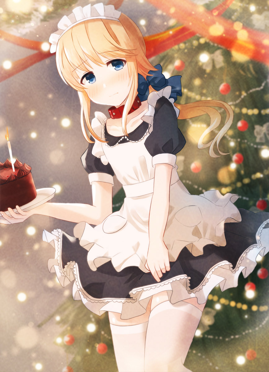 1other androgynous apron bangs black_dress blonde_hair blue_bow blue_eyes blurry blurry_background blush bow burning cake candle chevalier_d'eon_(fate/grand_order) chihuri chocolate_cake christmas_ornaments christmas_tree closed_mouth collarbone commentary_request depth_of_field dress dutch_angle eyebrows_visible_through_hair fate/grand_order fate_(series) fingernails fire food frilled_apron frills hair_bow highres holding holding_plate long_hair looking_at_viewer low_ponytail maid maid_apron maid_headdress plate pleated_dress ponytail puffy_short_sleeves puffy_sleeves red_collar red_ribbon ribbon short_sleeves sidelocks solo thigh-highs very_long_hair white_apron white_legwear