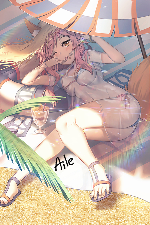 1girl :p aile_(crossroads) animal_ears bangle beach beach_towel beach_umbrella bikini blue_bikini blue_footwear bracelet brown_eyes commentary_request day fate/grand_order fate_(series) fox_ears fox_girl fox_tail hands_up hat holding holding_spoon jewelry lens_flare long_hair lying on_side one_eye_closed outdoors palm_tree parted_lips pink_hair sand sandals see-through shade short_sleeves side-tie_bikini sidelocks signature smile solo spoon straw_hat sunlight swimsuit tail tamamo_(fate)_(all) tamamo_no_mae_(swimsuit_lancer)_(fate) toenails tongue tongue_out towel tree umbrella