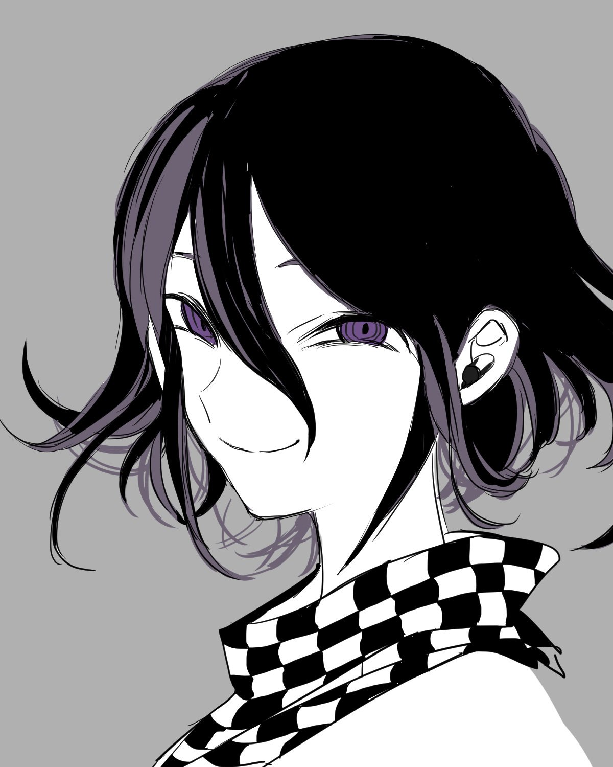 checkered checkered_scarf closed_mouth copyright_request from_side grey_background hair_between_eyes highres looking_at_viewer looking_to_the_side portrait ringed_eyes scarf short_hair simple_background smile solo takashi_(onikukku) violet_eyes
