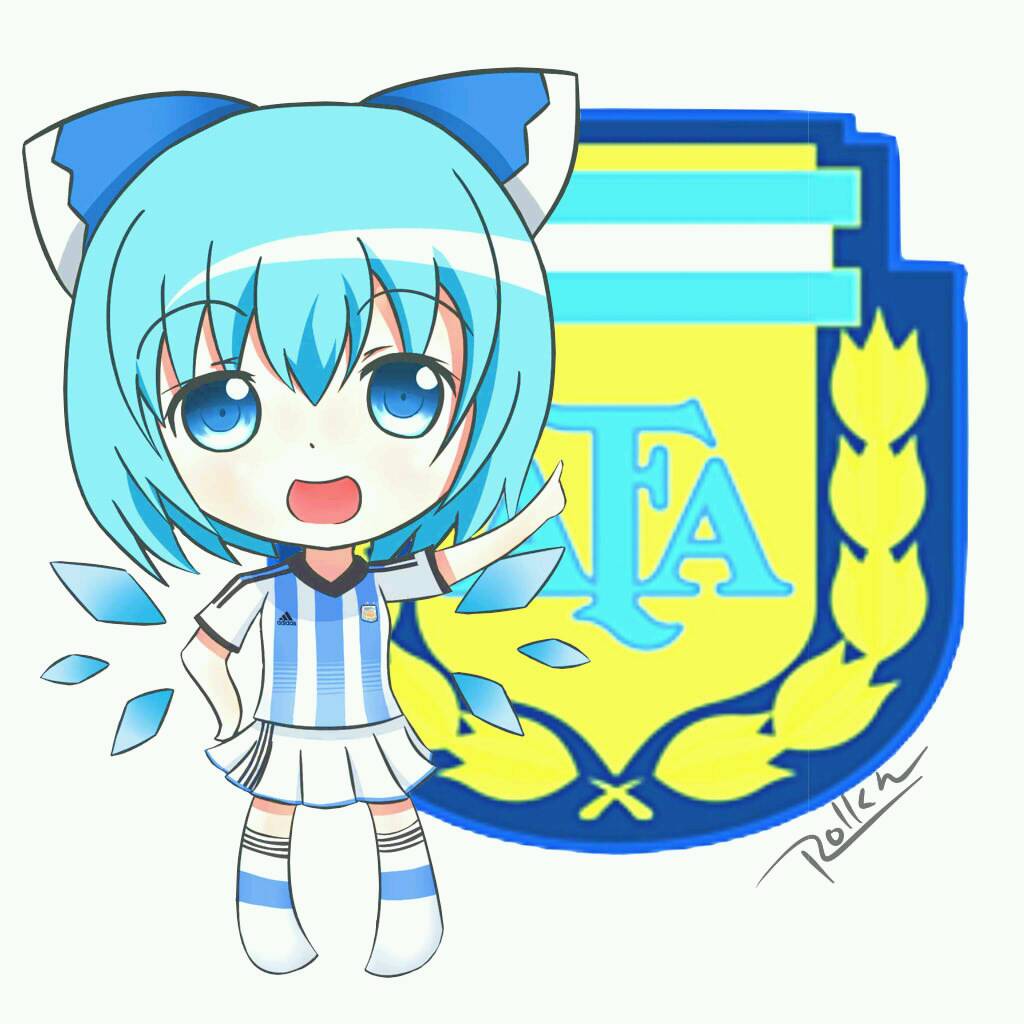 1girl adidas argentina bangs blue_eyes blue_hair blue_ribbon blush bow chibi cirno emblem eyebrows fairy_wings full_body hair_bow hair_ornament ice ice_wings jersey open_mouth pointing ribbon roll_daikufu short_hair signature skirt smile soccer soccer_uniform solo sportswear standing touhou white_legwear white_skirt wings world_cup