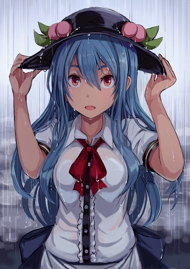 1girl bangs black_hat black_skirt blouse blue_hair breasts center_frills commentary_request food fruit hair_between_eyes hands_on_headwear hands_up hat hinanawi_tenshi leaf long_hair looking_at_viewer medium_breasts neck_ribbon opanchu_(hakusen) open_mouth peach puffy_short_sleeves puffy_sleeves rain red_eyes red_neckwear red_ribbon ribbon shirt short_sleeves sidelocks skirt solo touhou upper_body wet wet_clothes wet_shirt white_blouse wing_collar