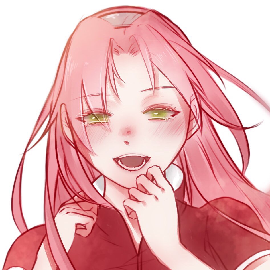 1girl :d eyebrows_visible_through_hair floating_hair green_eyes haruno_sakura long_hair looking_at_viewer naruto naruto_(series) open_mouth pink_hair portrait short_sleeves simple_background smile solo white_background