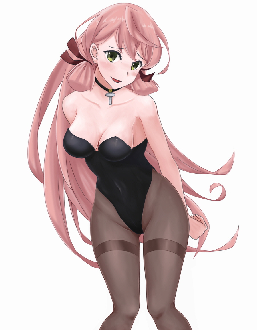 1girl akashi_(kantai_collection) black_choker black_leotard breasts brown_legwear choker cleavage green_eyes hair_ribbon kantai_collection leaning_forward leotard long_hair looking_at_viewer medium_breasts pantyhose pink_hair playboy_bunny_leotard ribbon simple_background solo soutou_(user_wzuw4587) strapless strapless_leotard thighband_pantyhose tress_ribbon white_background