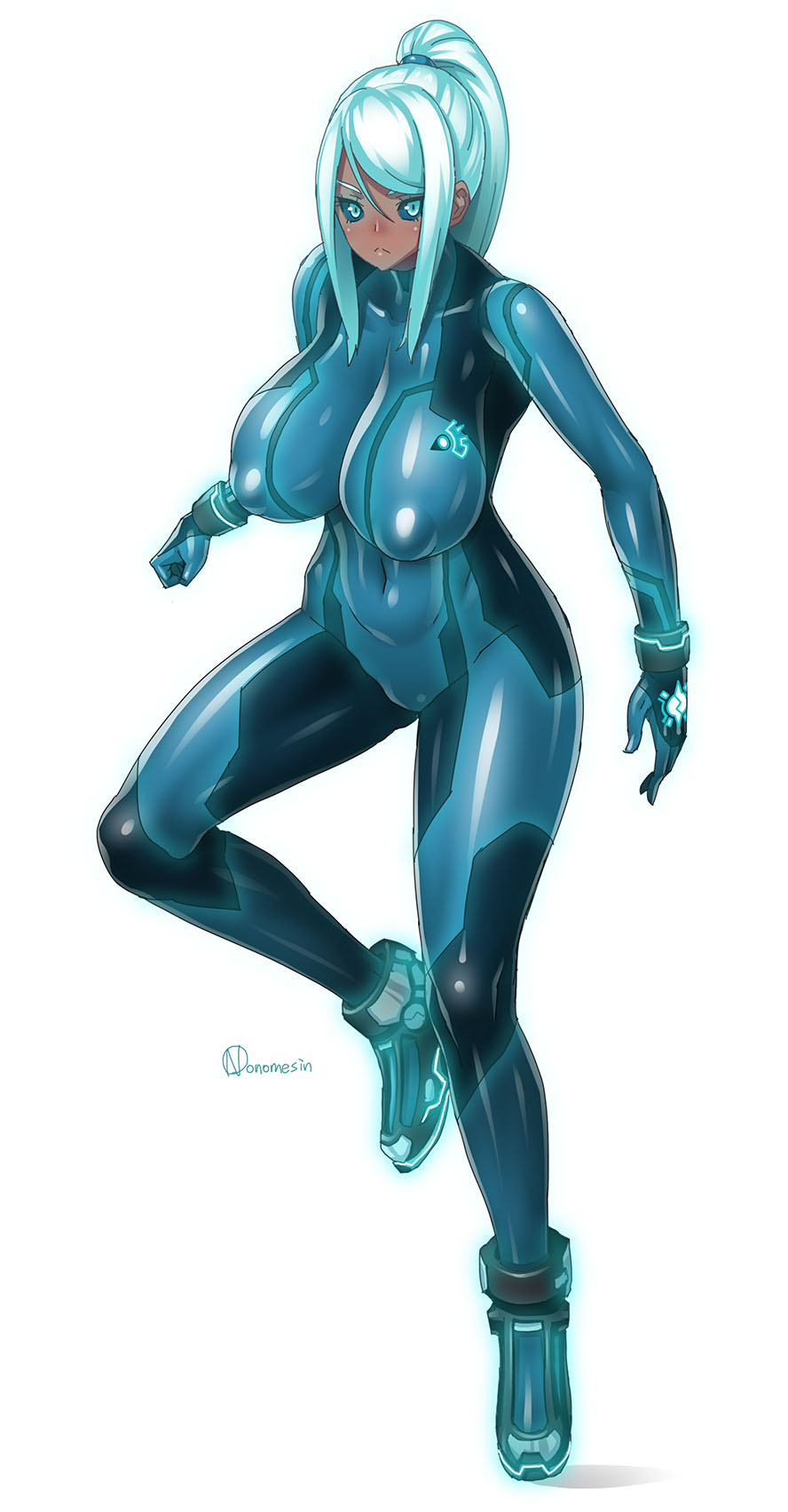 1girl :&lt; artist_name black_sclera bodysuit breasts clenched_hand covered_navel curvy dark_samus dark_skin erect_nipples full_body glowing glowing_eyes gluteal_fold grey_eyes high_ponytail highres large_breasts metroid onomeshin ponytail samus_aran silver_hair simple_background solo white_background zero_suit