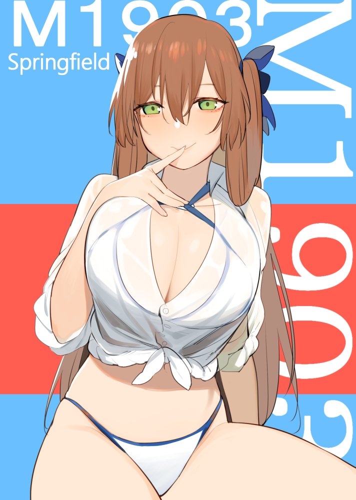 1girl alternate_costume alternate_hairstyle arm_support bangs bikini blush breasts brown_hair character_name cleavage closed_mouth eyebrows_visible_through_hair finger_to_mouth green_eyes hair_between_eyes hair_ribbon hair_rings juz large_breasts long_hair looking_at_viewer m1903_springfield_(girls_frontline) o-ring o-ring_top ponytail ribbon see-through shirt sidelocks sitting skindentation smile solo stomach swimsuit thighs tied_shirt white_bikini white_shirt