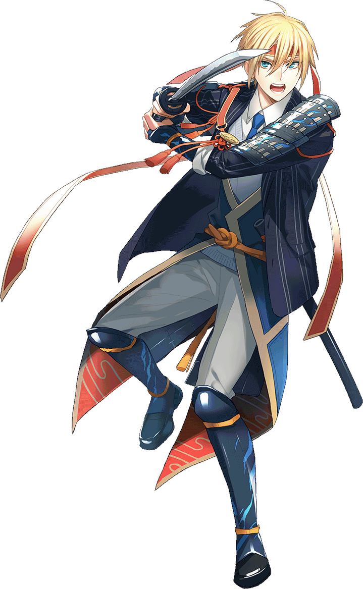 1boy aqua_eyes armor blonde_hair collared_shirt full_body headband japanese_armor katana kiwame_(touken_ranbu) male_focus necktie official_art open_mouth sheath shin_guards shirt shoulder_armor sode sword toichi_(ik07) touken_ranbu transparent_background weapon yamanbagiri_kunihiro