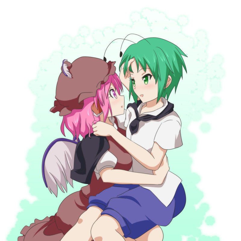 2girls :d antennae bird_wings black_cape blue_shorts cape cato_(monocatienus) commentary_request eye_contact green_eyes green_hair hand_in_another's_hair hat hug looking_at_another multiple_girls mystia_lorelei open_mouth pink_hair puffy_short_sleeves puffy_sleeves shirt short_hair short_sleeves shorts simple_background sitting sitting_on_lap sitting_on_person smile touhou white_shirt wings wriggle_nightbug yuri