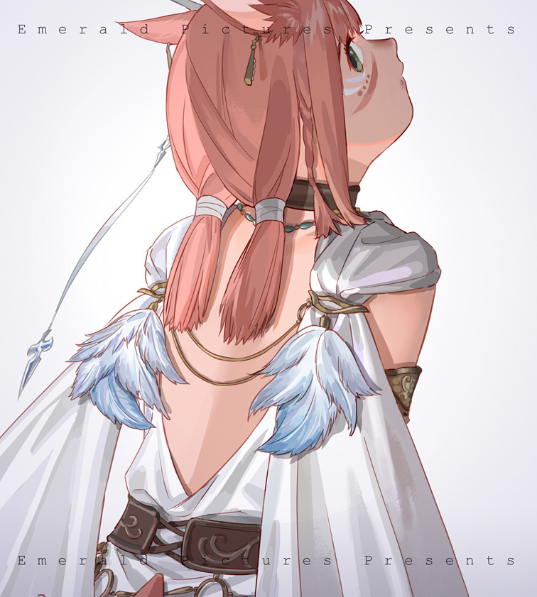 1girl animal_ears backless_outfit black_choker cat_ears choker earrings facial_mark feathers final_fantasy final_fantasy_xiv from_behind green_eyes grey_background hair_ornament holy_pumpkin jewelry low_twintails miqo'te parted_lips redhead robe sash short_hair simple_background solo twintails upper_body white_robe