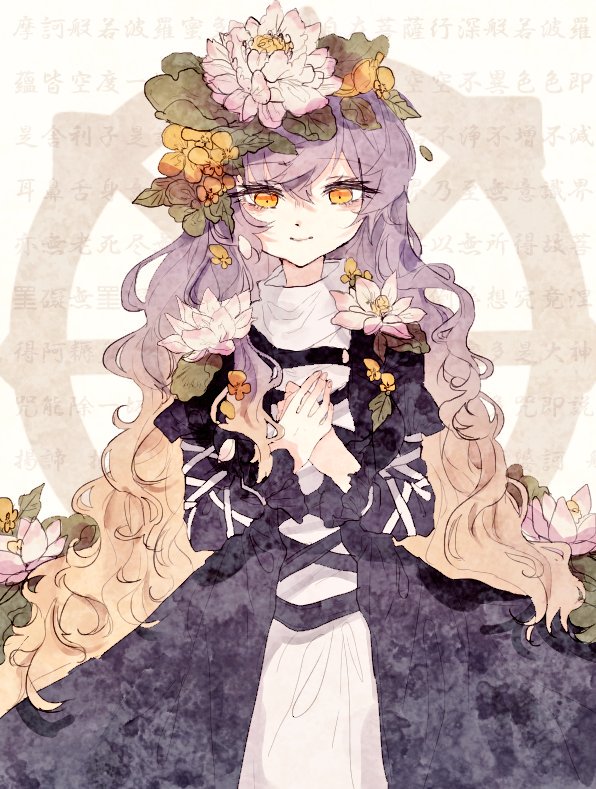 1girl artist_request black_dress breasts brown_hair dress gradient_hair hair_ornament hijiri_byakuren long_hair looking_at_viewer multicolored_hair puffy_sleeves purple_hair smile solo touhou wavy_hair white_dress