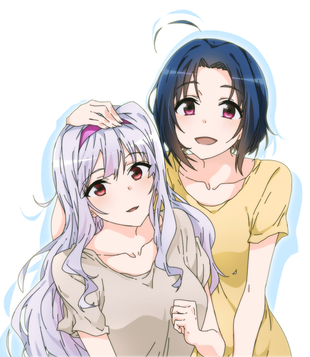 2girls :d ahoge blue_hair collarbone eyebrows_visible_through_hair grey_shirt hairband hand_on_another's_head idolmaster idolmaster_(classic) looking_at_viewer miura_azusa multiple_girls open_mouth purple_hairband red_eyes shadow shijou_takane shiny shiny_hair shirt short_hair short_sleeves sidarim simple_background smile upper_body white_background yellow_shirt