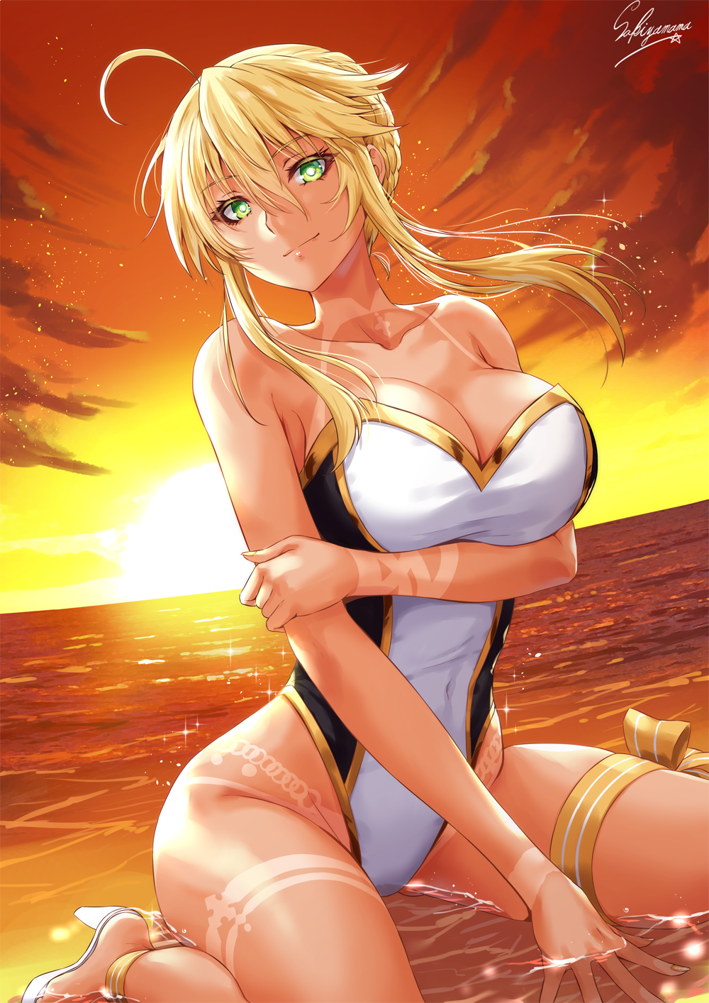 1girl ahoge artoria_pendragon_(all) artoria_pendragon_(lancer) bangs bare_shoulders beach braid breasts cleavage closed_mouth covered_navel eyelashes fate/grand_order fate_(series) french_braid green_eyes hair_between_eyes high_heels highres hips horizon large_breasts long_hair looking_at_viewer ocean one-piece_swimsuit sakiyamama sandals sidelocks sitting smile solo sunlight swept_bangs swimsuit tan tanline thigh_strap thighs two-tone_swimsuit wariza white_swimsuit