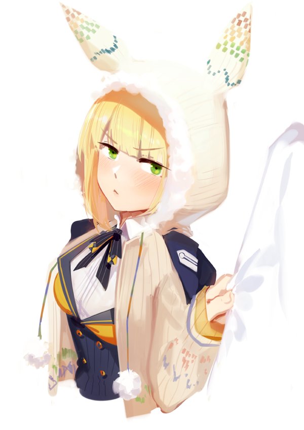 1girl 3four animal_ears animal_hood bangs black_ribbon blonde_hair blunt_bangs blush closed_mouth commentary cropped_torso double-breasted english_commentary eyebrows_visible_through_hair girls_frontline green_eyes hand_up high-waist_skirt hood hood_up jacket long_sleeves mole mole_under_eye neck_ribbon pout ribbon shirt simple_background skirt upper_body welrod_mk2_(girls_frontline) white_background white_shirt