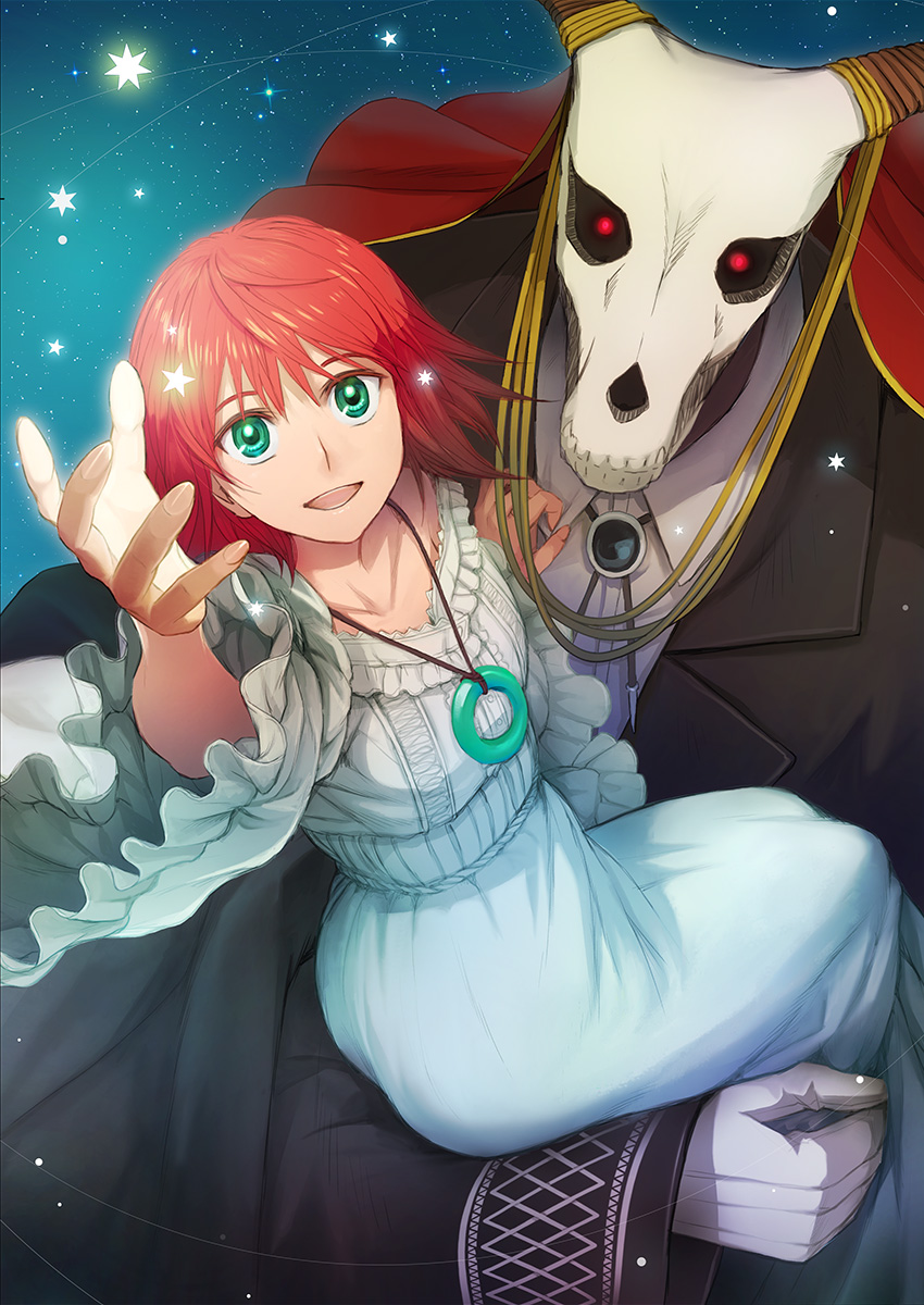 1boy 1girl :d anco_mhym arm_up black_jacket collarbone dress ellias_ainsworth floating_hair formal gloves green_eyes hair_between_eyes hatori_chise highres holding_person jacket jewelry long_dress looking_at_viewer looking_up mahou_tsukai_no_yome necklace open_mouth red_eyes redhead skull smile white_dress white_gloves