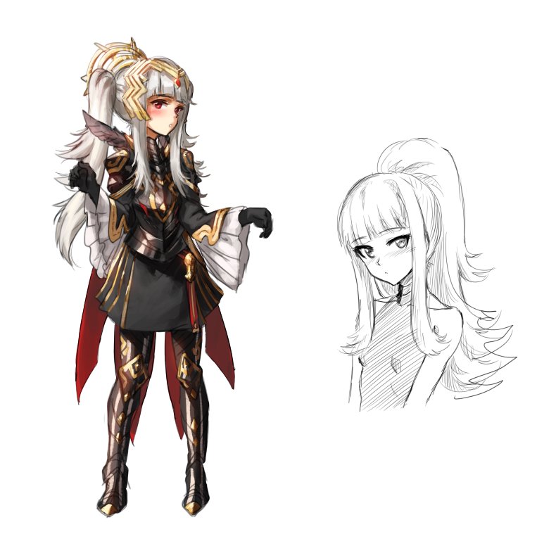 1girl armor athenawyrm cape crown fire_emblem fire_emblem_heroes gloves grey_hair hair_ornament long_hair looking_at_viewer open_mouth ponytail red_eyes simple_background smile solo veronica_(fire_emblem)