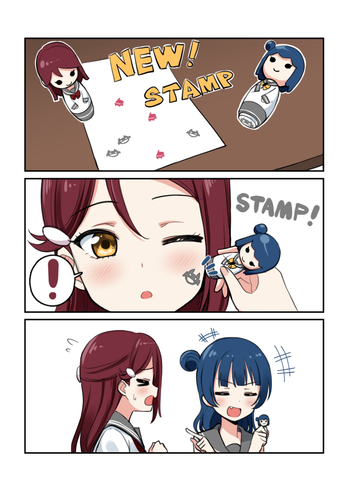 ! &gt;_&lt; 2girls bangs blue_hair closed_eyes comic deadnooodles english eyebrows_visible_through_hair face_painting flying_sweatdrops hair_ornament hairclip half_updo laughing long_hair love_live! love_live!_sunshine!! multiple_girls notice_lines paper pointing redhead sakurauchi_riko school_uniform serafuku side_bun spoken_exclamation_mark stamp tsushima_yoshiko uranohoshi_school_uniform yellow_eyes