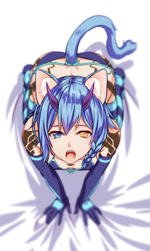 1girl animal_ears bikini blue_bikini blue_eyes blue_gloves blue_hair braid breasts cat_ears cat_tail cleavage elbow_gloves from_above front-tie_bikini front-tie_top gloves heterochromia horns io_(pso2) looking_at_viewer looking_up nyanmaru_(ememing) open_mouth phantasy_star phantasy_star_online_2 short_hair side_braid small_breasts solo swimsuit tail white_background yellow_eyes