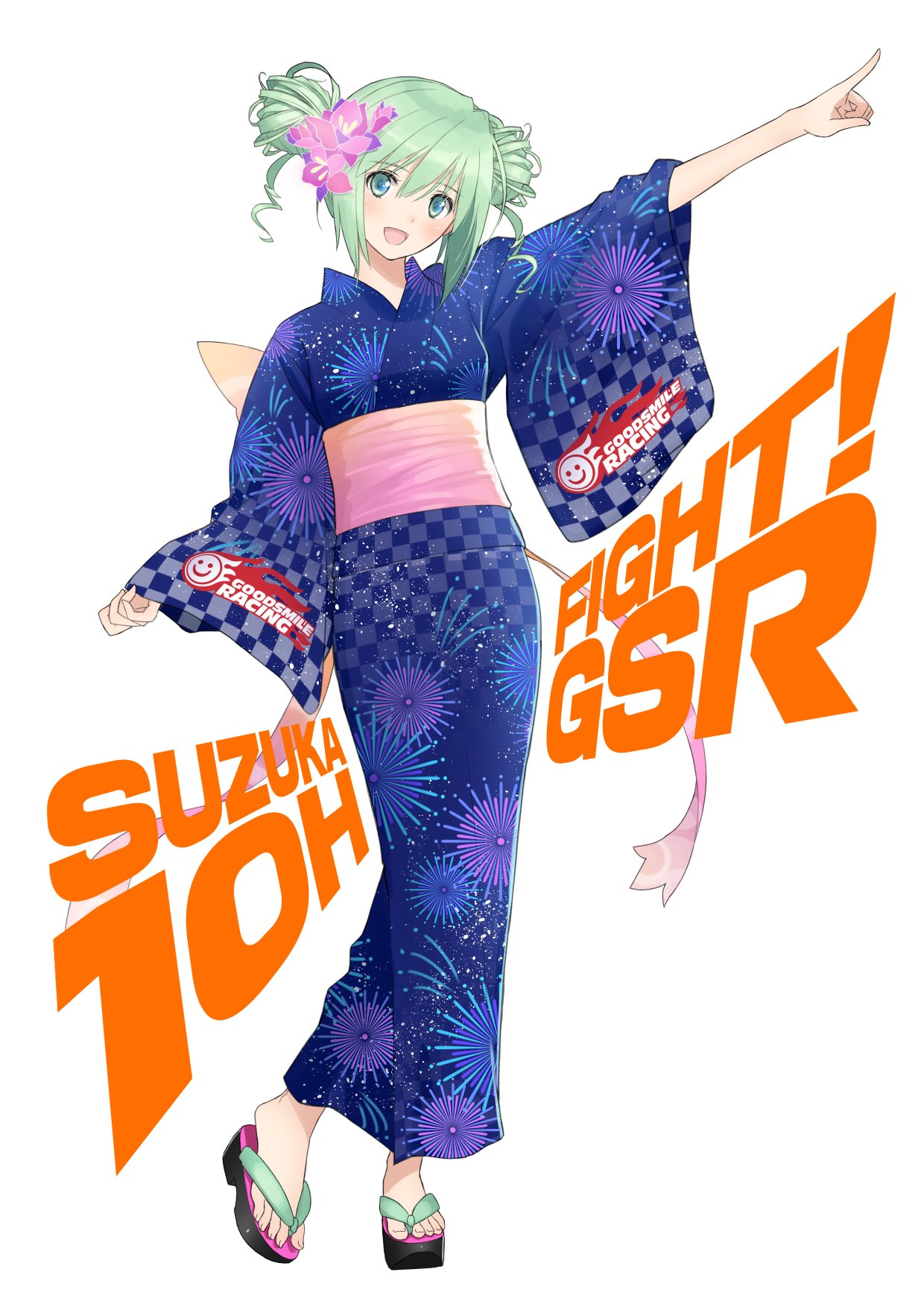 1girl arm_up bangs blush commentary_request double_bun eyebrows_visible_through_hair female fireworks_print full_body goodsmile_racing green_eyes hair_ornament hand_up hatsune_miku highres index_finger_raised japanese_clothes kimono long_sleeves looking_at_viewer no_socks obi official_art open_mouth sandals sash simple_background smile solo standing tanaka_takayuki toes vocaloid white_background wide_sleeves yukata