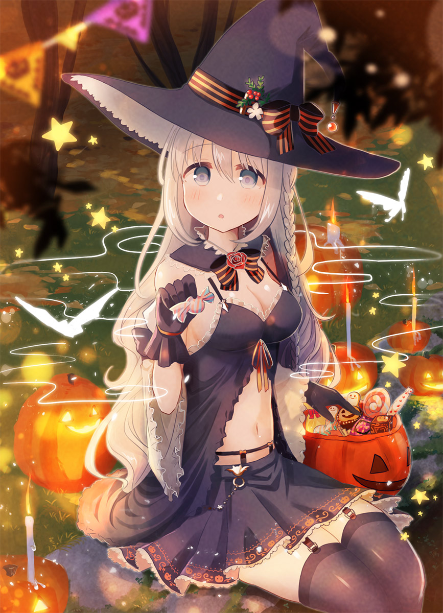 1girl :o babydoll bangs bare_shoulders black_babydoll black_bow black_gloves black_hat black_legwear black_skirt blue_eyes blurry blurry_background blush bow braid breasts burning candle candy candy_wrapper chihuri cleavage depth_of_field eyebrows_visible_through_hair fire food garter_straps gloves hair_between_eyes halloween halloween_basket hat hat_bow highres holding holding_food jack-o'-lantern lollipop long_hair looking_at_viewer medium_breasts navel original parted_lips pennant pleated_skirt red_ribbon ribbon side_braid silver_hair single_braid sitting skirt solo string_of_flags striped striped_bow swirl_lollipop thigh-highs tree very_long_hair witch_hat