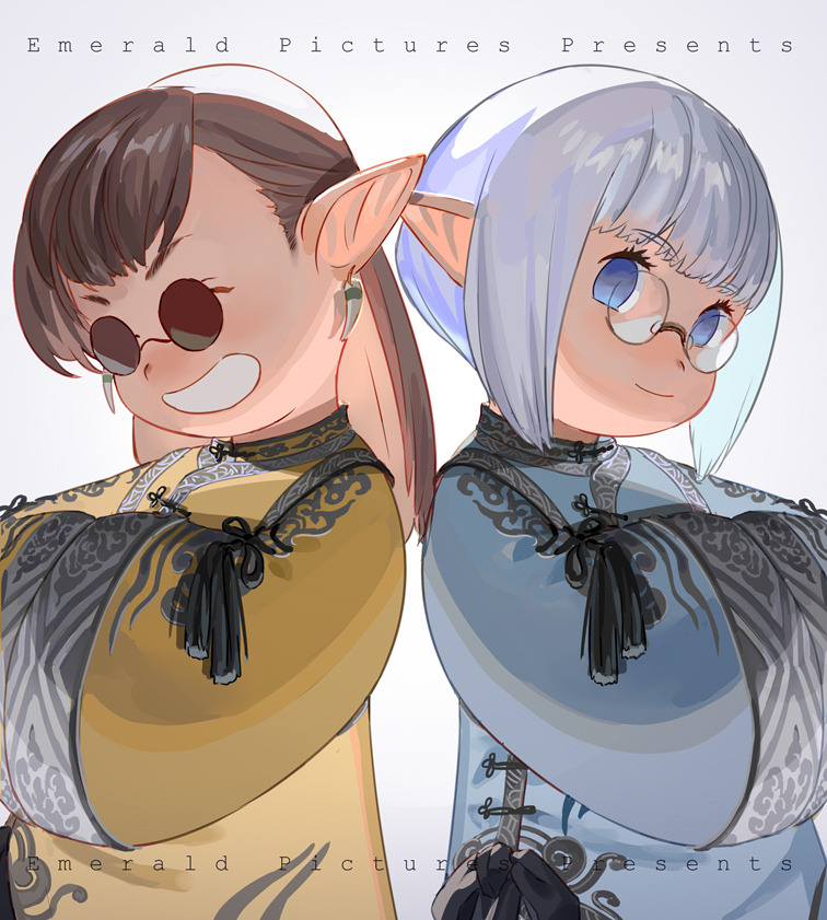 2girls :d china_dress chinese_clothes closed_mouth dress earrings final_fantasy final_fantasy_xiv glasses grey_background hands_in_opposite_sleeves holy_pumpkin jewelry lalafell long_hair long_sleeves looking_at_viewer multiple_girls open_mouth pince-nez pointy_ears purple_dress purple_hair round_eyewear short_hair simple_background smile sunglasses violet_eyes wide_sleeves yellow_dress