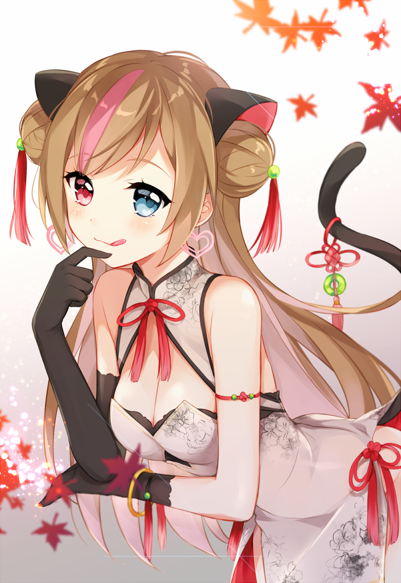 1girl animal_ears asymmetrical_gloves autumn_leaves bare_shoulders black_gloves blue_eyes blush breasts cat_ears cat_girl cat_tail china_dress chinese_clothes cleavage closed_mouth commentary_request double_bun dress earrings elbow_gloves girls_frontline gloves gradient gradient_background grey_background grey_dress hair_ornament heart heart_earrings heterochromia jewelry leaf leafwow licking_lips light_brown_hair long_hair maple_leaf medium_breasts mk_23_(girls_frontline) multicolored_hair pelvic_curtain pink_hair red_eyes side_bun single_elbow_glove sleeveless sleeveless_dress solo streaked_hair tail tail_raised tongue tongue_out very_long_hair white_background