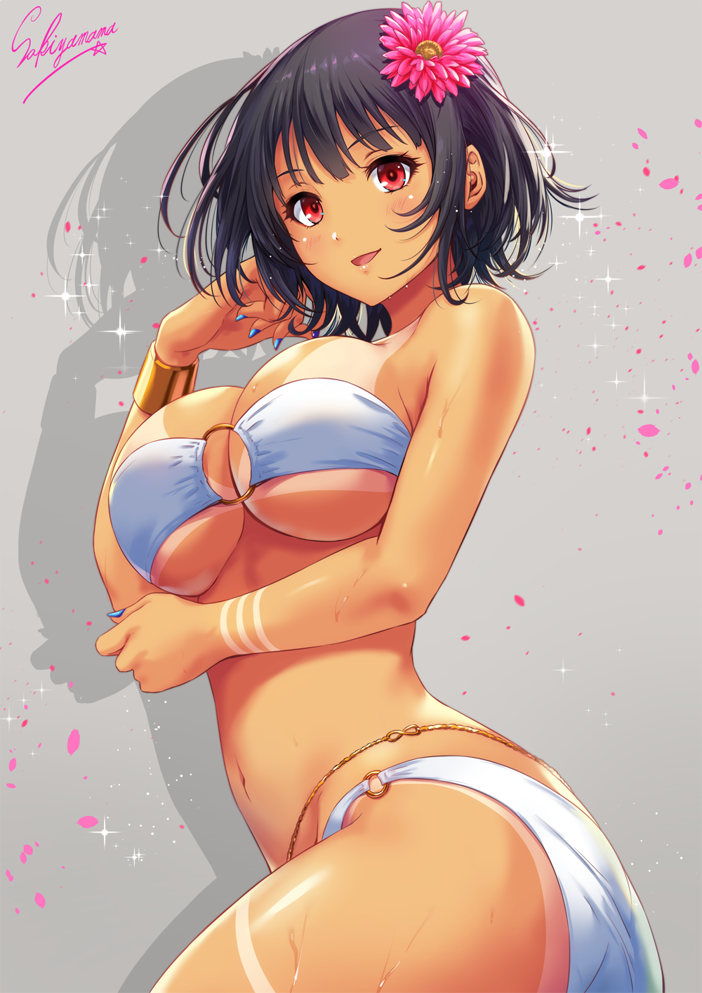 1girl alternate_costume artist_name ass bangs belly_chain bikini black_hair blue_nails blush bracelet breasts flower from_side front-tie_bikini front-tie_top grey_background hair_flower hair_ornament hand_to_own_cheek highres jewelry kantai_collection large_breasts looking_at_viewer messy_hair nail_polish navel o-ring o-ring_bikini open_mouth red_eyes sakiyamama short_hair simple_background solo sparkle swimsuit takao_(kantai_collection) tan tanline twisted_torso upper_body white_bikini