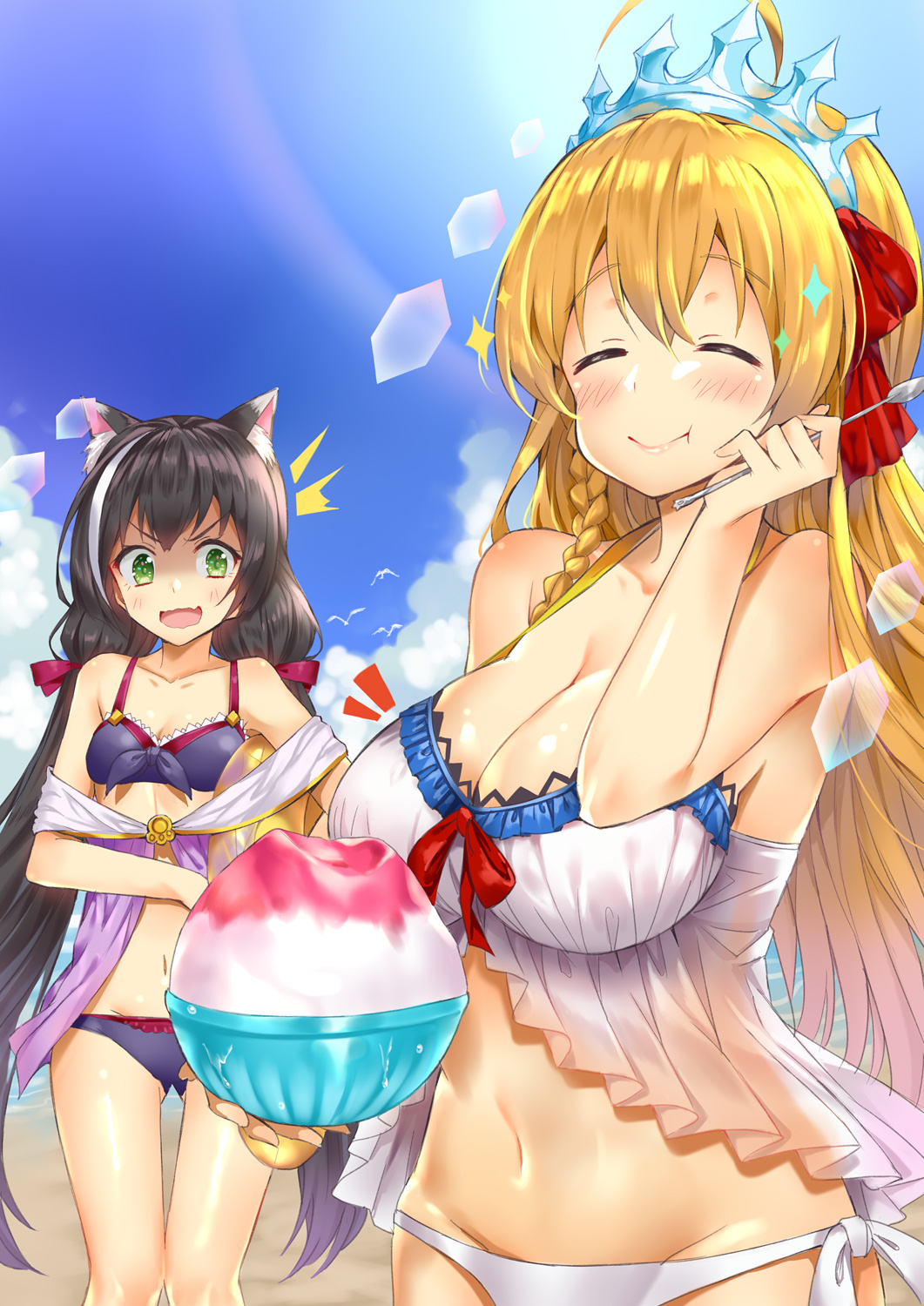 2girls ahoge animal animal_ears bangs bare_shoulders beach bikini bird black_hair blonde_hair blush bow braid breast_envy breasts cat_ears cleavage closed_eyes closed_mouth clouds commentary_request day eyebrows_visible_through_hair facing_viewer food gluteal_fold green_eyes hair_bow hair_ribbon halter_top halterneck highres holding holding_food holding_spoon kyaru_(princess_connect) large_breasts long_hair low_twintails multicolored_hair multiple_girls navel ocean open_mouth outdoors pecorine princess_connect! princess_connect!_re:dive purple_bikini purple_bow red_ribbon ribbon shaved_ice shiny shiny_skin shitou_(1992116210) side-tie_bikini side-tie_bottom small_breasts smile spoon standing streaked_hair swimsuit tareme tiara twintails very_long_hair white_bikini white_hair
