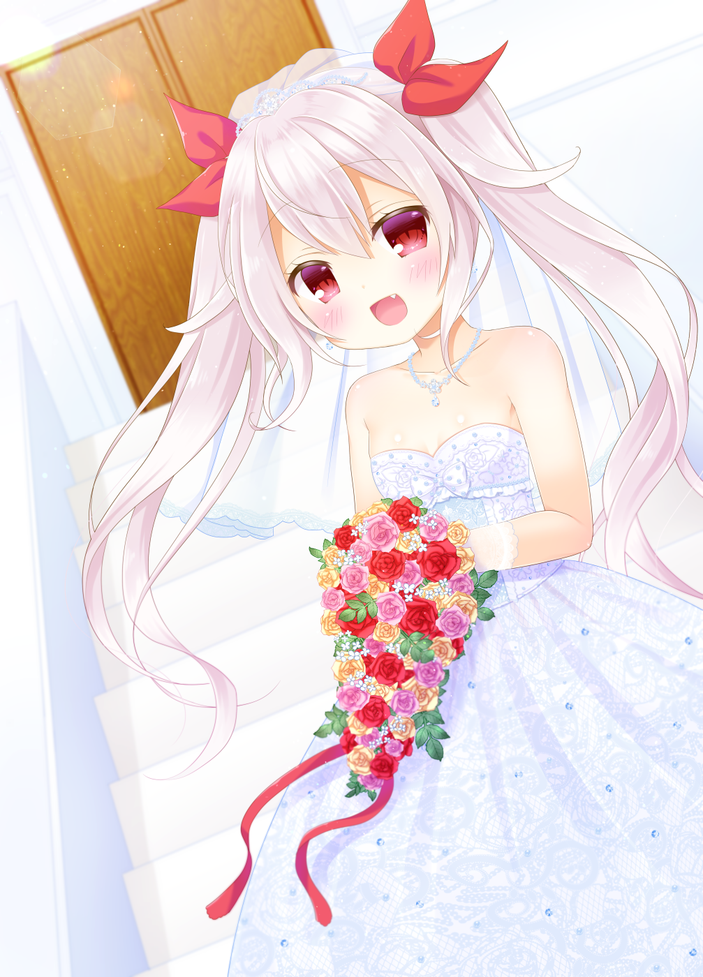 1girl :d azur_lane bangs bare_shoulders blue_dress blush bouquet breasts bridal_veil collarbone commentary_request door dress eyebrows_visible_through_hair fang flower hair_between_eyes hair_ribbon highres holding holding_bouquet jewelry long_hair looking_at_viewer necklace open_mouth pink_flower pink_rose pyonko_(pyonko_pyonko) red_eyes red_flower red_ribbon red_rose ribbon rose see-through silver_hair small_breasts smile solo stairs stone_stairs strapless strapless_dress twintails vampire_(azur_lane) veil very_long_hair yellow_flower yellow_rose