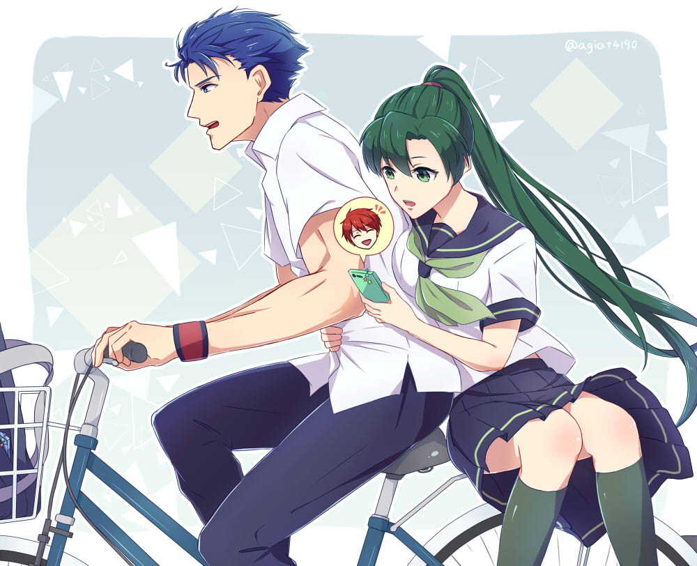 bicycle blue_eyes blue_hair cellphone eliwood_(fire_emblem) fire_emblem fire_emblem:_rekka_no_ken green_eyes green_hair ground_vehicle hector_(fire_emblem) kazame long_hair lyndis_(fire_emblem) open_mouth phone ponytail redhead school_uniform short_hair smile taiga_kazame