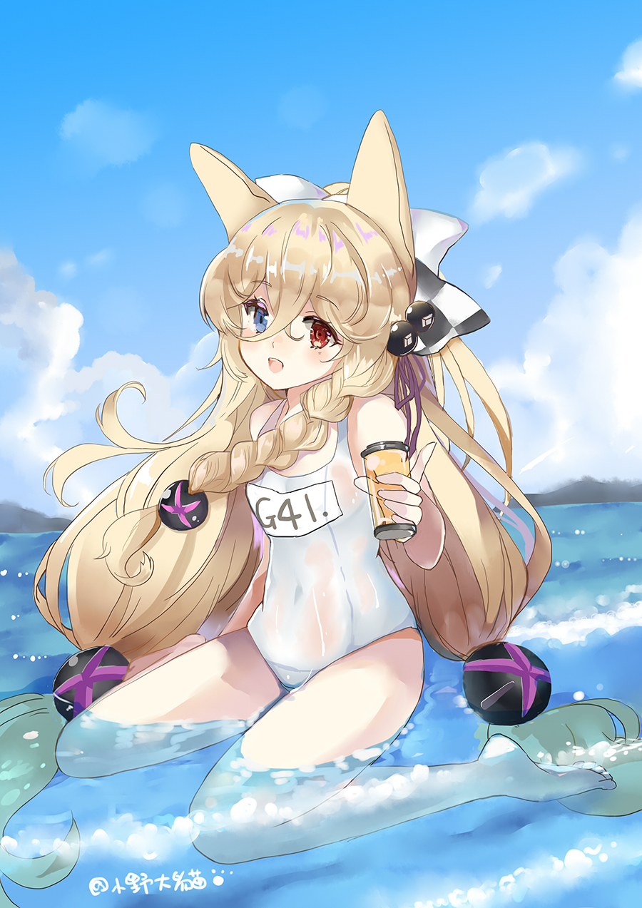 1girl :d bangs bare_arms bare_legs bare_shoulders barefoot blue_eyes blue_sky blush braid character_name clouds commentary_request covered_navel day eyebrows_visible_through_hair g41_(girls_frontline) girls_frontline hair_between_eyes hair_ornament hair_ribbon head_tilt heterochromia highres holding long_hair looking_at_viewer low-tied_long_hair lunacats name_tag one-piece_swimsuit open_mouth outdoors purple_ribbon red_eyes ribbon school_swimsuit side_braid single_braid sitting sky smile soles solo swimsuit very_long_hair wariza water white_school_swimsuit white_swimsuit