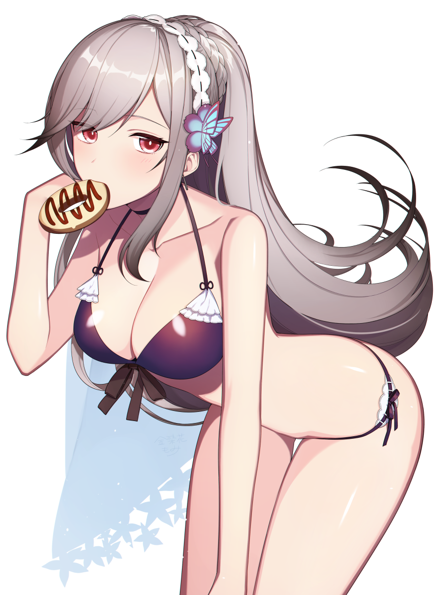 1girl alternate_hairstyle ass azur_lane bangs bikini blush breasts choker cleavage collarbone commentary_request doughnut dunkerque_(azur_lane) earrings eyebrows_visible_through_hair flower food grey_hair hair_ornament hairband hand_on_own_knee hand_up hoop_earrings jewelry kinsenka_momi large_breasts leaning_forward long_hair looking_at_viewer mouth_hold navel pink_eyes ponytail purple_bikini side-tie_bikini sidelocks solo swimsuit thighs