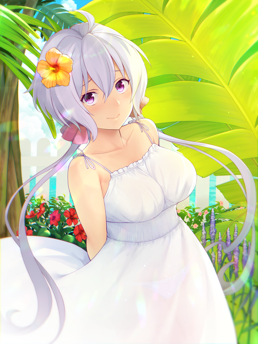 1girl :d ahoge alternate_costume arms_behind_back bare_arms bare_shoulders blush breasts bush clouds cloudy_sky collarbone day dress dutch_angle fence flower hair_between_eyes hair_flower hair_ornament hibiscus highres large_breasts leaf lens_flare long_hair looking_at_viewer low_twintails ocean open_mouth orange_flower palm_tree panties red_flower ribbon see-through senki_zesshou_symphogear shiny shiny_hair silver_hair sky sleeveless sleeveless_dress smile solo sundress tree twintails underbust underwear very_long_hair violet_eyes white_dress white_panties white_ribbon wooden_fence yukine_chris yuzuriha_(active_homing)