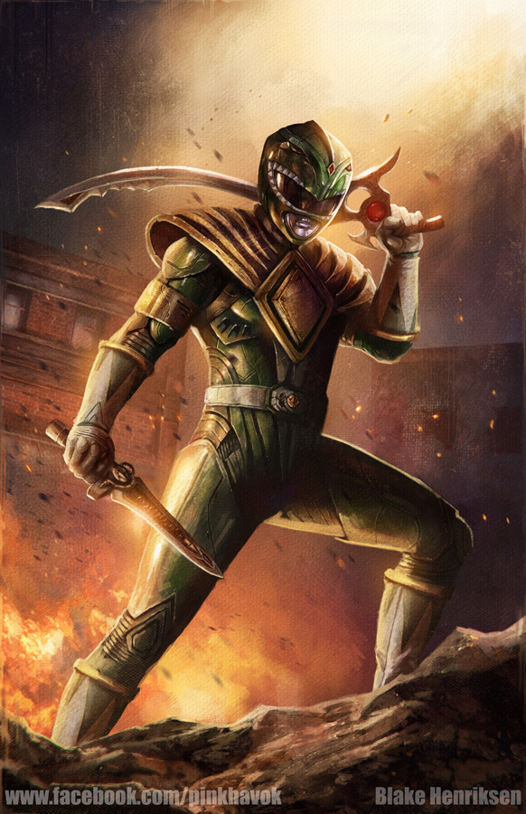 1boy armor belt belt_buckle bodysuit buckle commentary dagger dual_wielding english_commentary fighting_stance fire gloves gold_armor green_bodysuit green_ranger helmet holding holding_dagger holding_sword holding_weapon mighty_morphin_power_rangers pinkhavok power_rangers solo sword tommy_oliver weapon