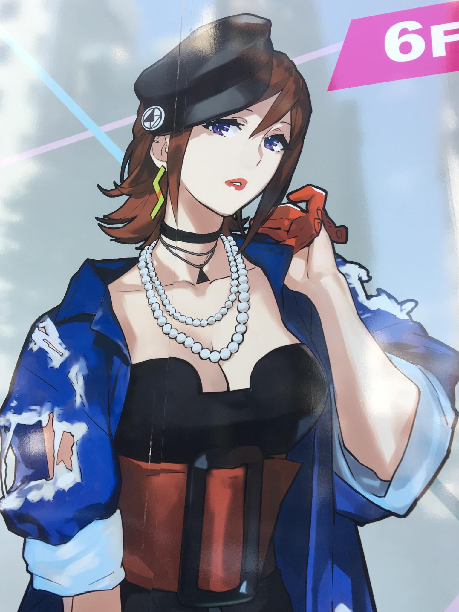 blue_eyes breasts choker earrings gloves hand_on_own_cheek hat highres huge_belt jewelry kaname_buccaneer lipstick looking_at_viewer macross macross_delta makeup medium_breasts necklace official_art photo redhead short_hair torn_clothes