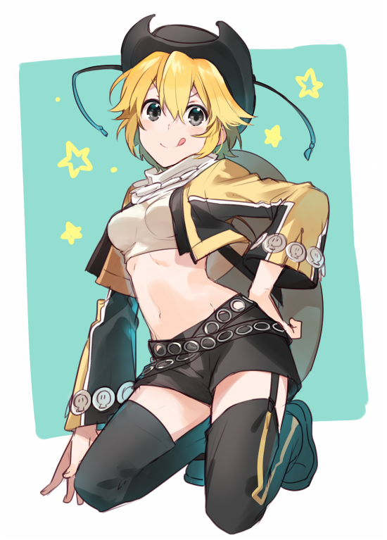 1girl :q asahikawa_hiyori black_eyes black_footwear black_hat black_legwear black_shorts blonde_hair blue_background breasts commentary_request contrapposto copyright_request cowboy_hat cropped_jacket hand_on_hip hat jacket kneeling long_sleeves looking_at_viewer medium_breasts midriff navel open_clothes open_jacket shoes shorts smile solo star thigh-highs tongue tongue_out
