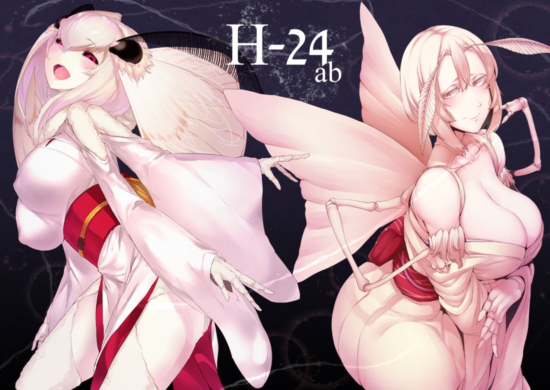 2girls :d antennae bare_shoulders black_sclera blonde_hair blush breasts cleavage closed_mouth collaboration commentary_request covered_nipples extra_arms eyebrows_visible_through_hair fewer_digits insect_girl insect_wings japanese_clothes kimono large_breasts looking_at_viewer mashiro_(solopipb) monster_girl moth_girl moth_wings multiple_girls nakamura_regura obi off_shoulder open_mouth original red_eyes sash short_hair smile solopipb standing white_hair white_kimono wings