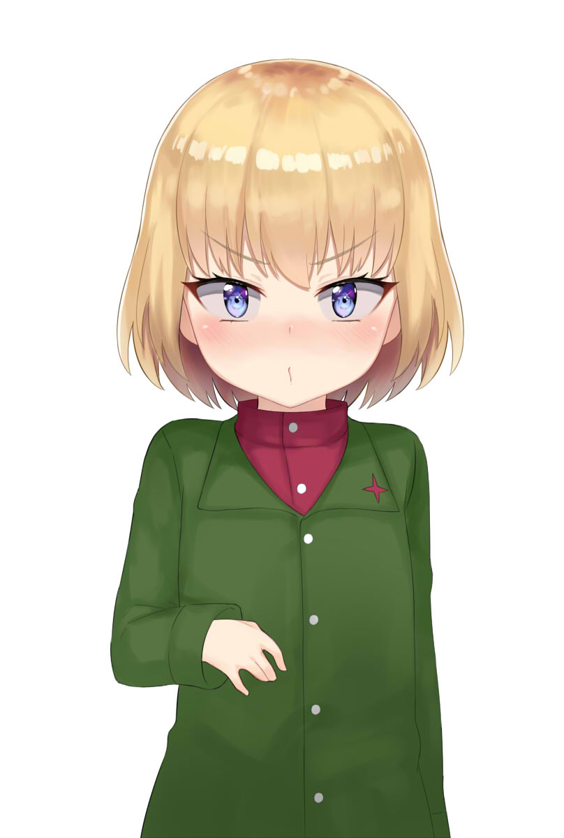 1girl atg_(wttoo0202) bangs blonde_hair blue_eyes blush closed_mouth eyebrows_visible_through_hair girls_und_panzer green_jacket highres jacket katyusha long_sleeves pravda_school_uniform red_shirt shirt short_hair simple_background solo upper_body v-shaped_eyebrows white_background