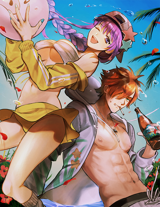 1boy 1girl abs accessories ball bangs bare_legs baseball_cap bb_(fate)_(all) bb_(swimsuit_mooncancer)_(fate) bottle braid breasts cigarette cleavage commentary_request cropped_jacket eyebrows_visible_through_hair fate/extra fate/extra_ccc fate/grand_order fate_(series) green_eyes hat jacket jumping large_breasts lavender_hair long_hair one_eye_closed open_mouth orange_hair palm_tree robin_hood_(fate) sake_bottle sevenven skirt sky socks star summer summer_hunter swimsuit tree upper_teeth violet_eyes water_drop