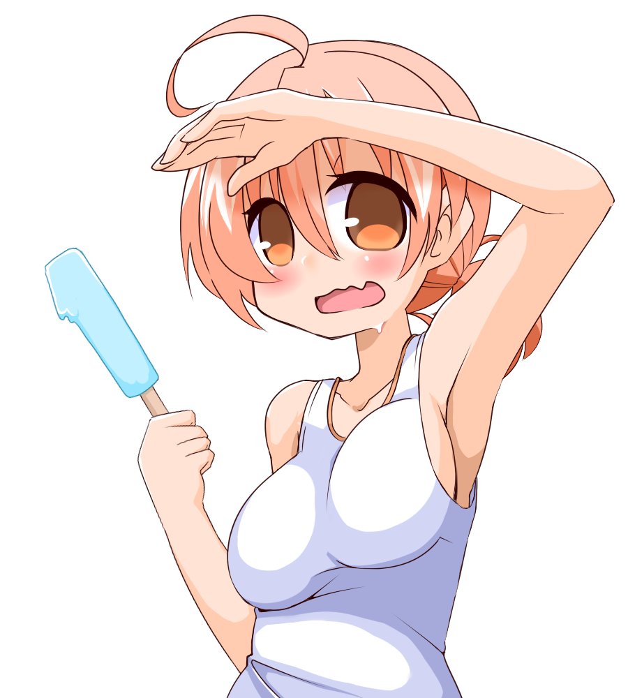 1girl ahoge arm_up armpits bangs bare_arms bare_shoulders blush breasts brown_eyes brown_hair collarbone commentary_request eyebrows_visible_through_hair fang food hair_between_eyes holding holding_food hono large_breasts long_hair low_ponytail official_art open_mouth ponytail popsicle saki_(suguri) shading_eyes short_ponytail simple_background solo suguri sweat tank_top unaligned_breasts upper_body white_background white_tank_top